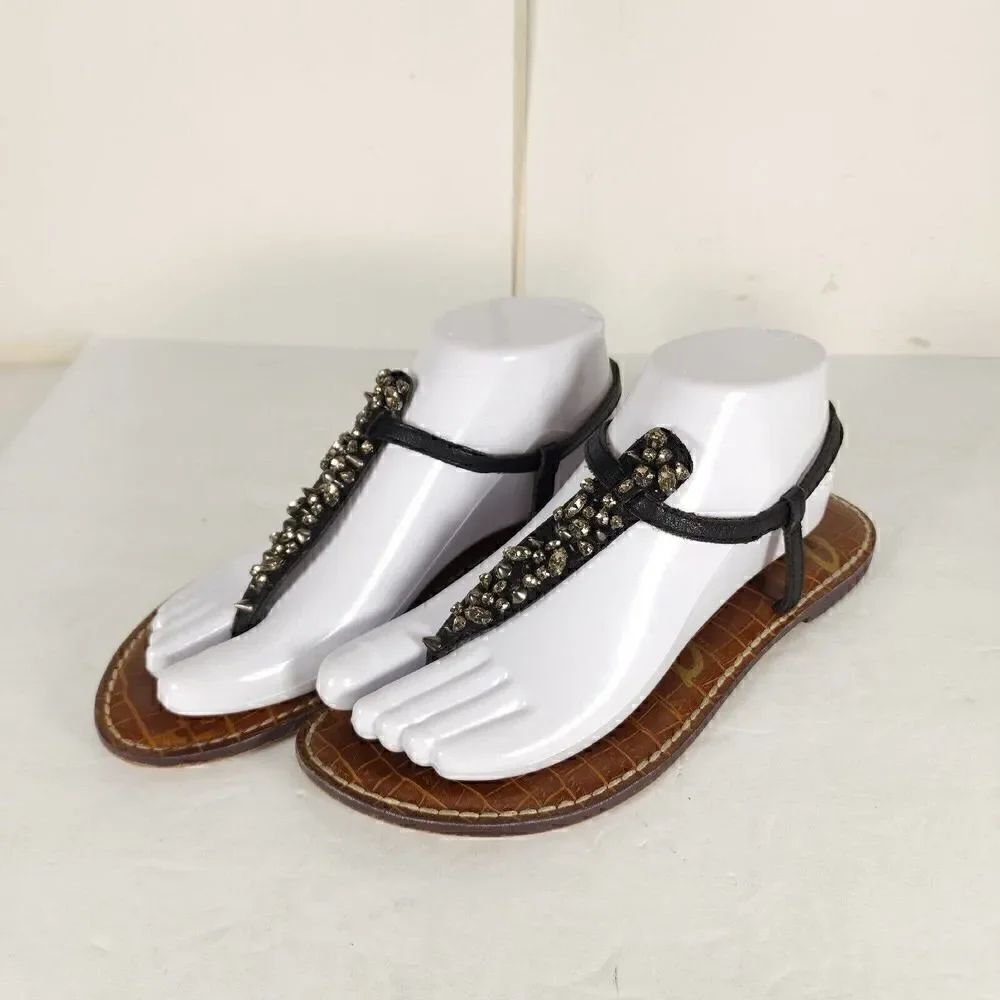 Sam Edelman Women's Gwyneth US 7,5 M Black Leather Rhinestones Thong Sandals
